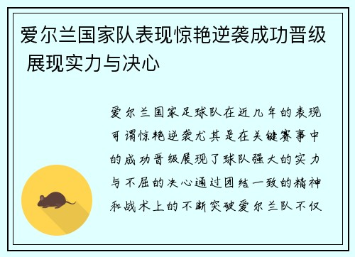 爱尔兰国家队表现惊艳逆袭成功晋级 展现实力与决心