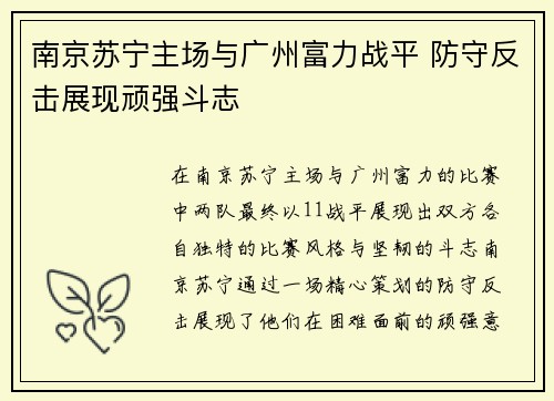 南京苏宁主场与广州富力战平 防守反击展现顽强斗志