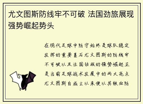 尤文图斯防线牢不可破 法国劲旅展现强势崛起势头