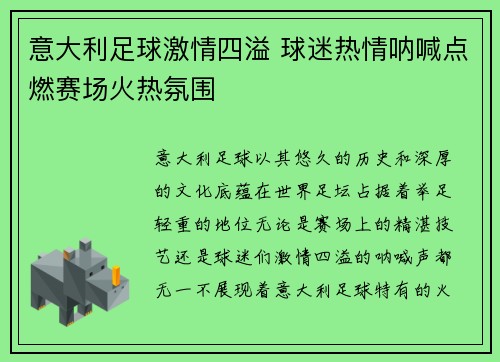 意大利足球激情四溢 球迷热情呐喊点燃赛场火热氛围
