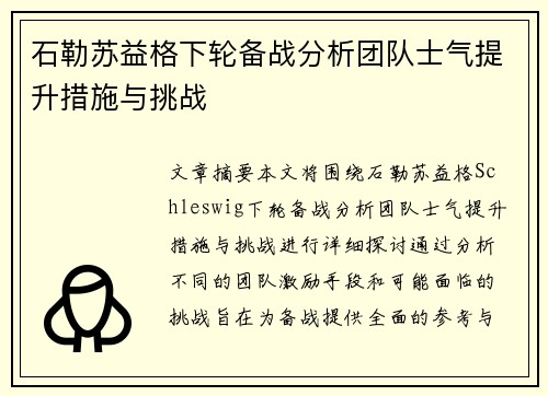石勒苏益格下轮备战分析团队士气提升措施与挑战