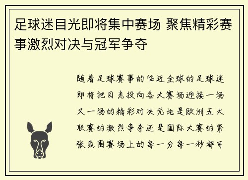 足球迷目光即将集中赛场 聚焦精彩赛事激烈对决与冠军争夺