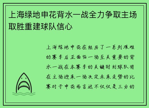 上海绿地申花背水一战全力争取主场取胜重建球队信心