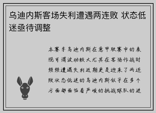 乌迪内斯客场失利遭遇两连败 状态低迷亟待调整