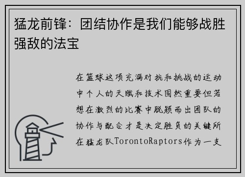 猛龙前锋：团结协作是我们能够战胜强敌的法宝