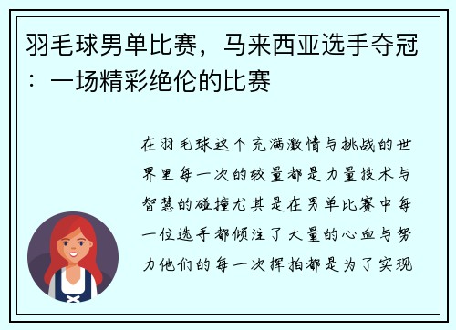 羽毛球男单比赛，马来西亚选手夺冠：一场精彩绝伦的比赛