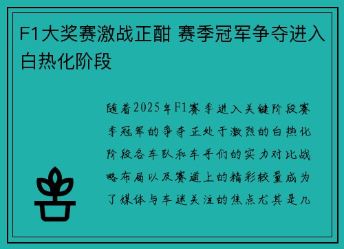 F1大奖赛激战正酣 赛季冠军争夺进入白热化阶段