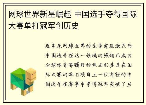 网球世界新星崛起 中国选手夺得国际大赛单打冠军创历史