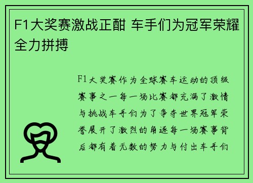 F1大奖赛激战正酣 车手们为冠军荣耀全力拼搏