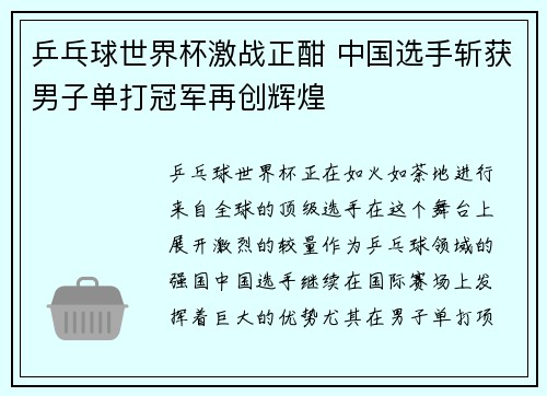 乒乓球世界杯激战正酣 中国选手斩获男子单打冠军再创辉煌